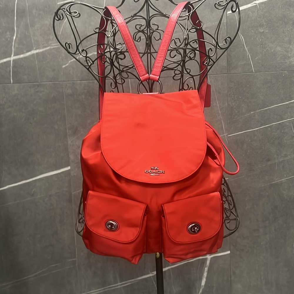 COACH New York Red Nylon Leather Backpack Drawstring Turnlock F58814 Light EUC